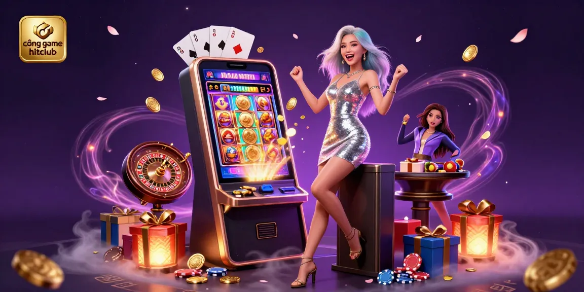 Engage with cổng game hitclub as a stunning Asian woman celebrates a jackpot win amidst vivid gaming elements.