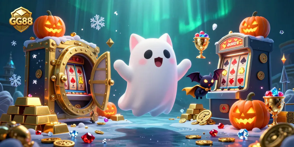 Engage with GG88 in a vibrant casino scene with floating characters and glowing treasures.