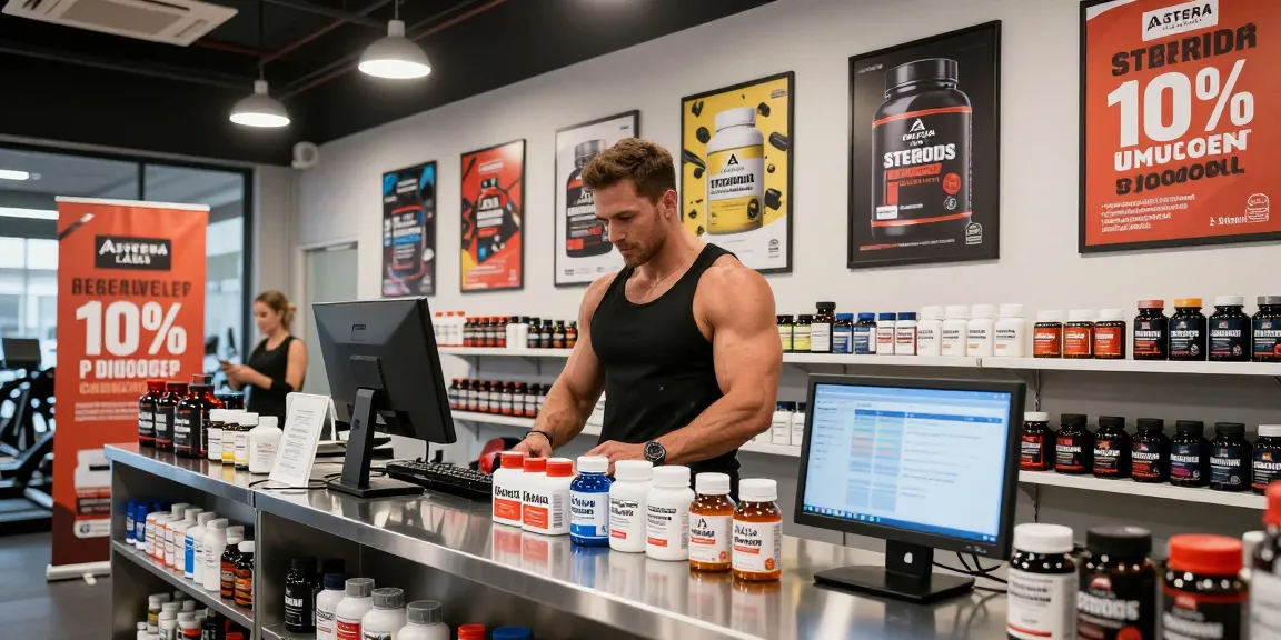 Shopper exploring Astera Shop's quality steroid products, showcasing vibrant displays and discounts.