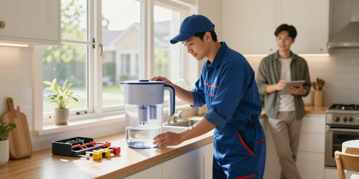 "Trusted provider reviewing Waterdrop ED01B Electric Water Filter Pitcher installation in a local home, community service ambiance."
