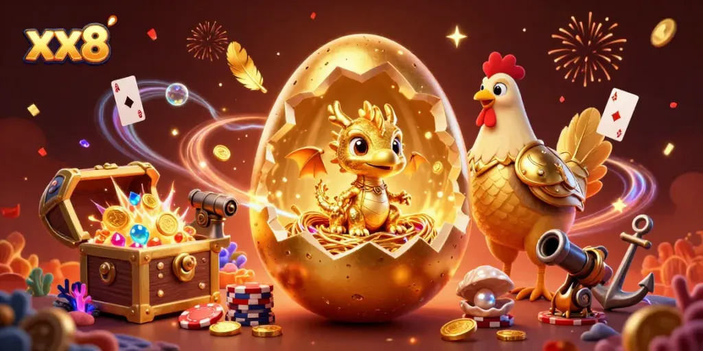 Experience winning moments at xx8 with a colossal golden egg revealing a golden dragon among poker chips.