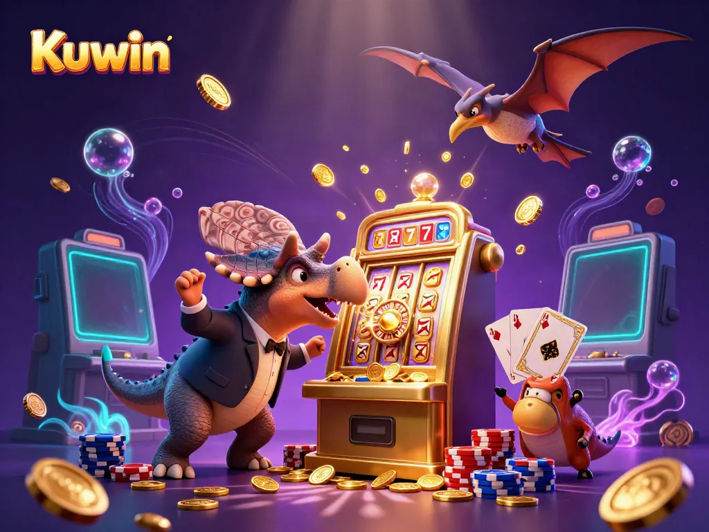 Kuwin gaming scene with a pachycephalosaurus winning a jackpot slot machine, surrounded by casino elements.