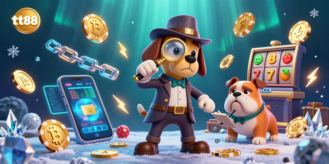 tt88 engages players in a vibrant casino scene with detective characters uncovering poker chip clues amidst colorful slot game elements.