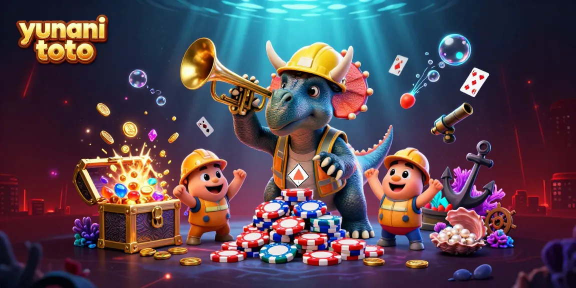 Experience fun at yunani toto with a dynamic illustration of a triceratops celebrating poker chip wins!