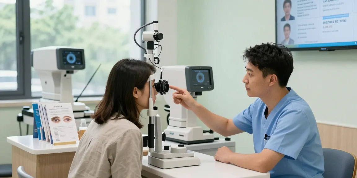 Patient consultation at SNU Eye Clinic with advanced eye care equipment, promoting snuseoul services.