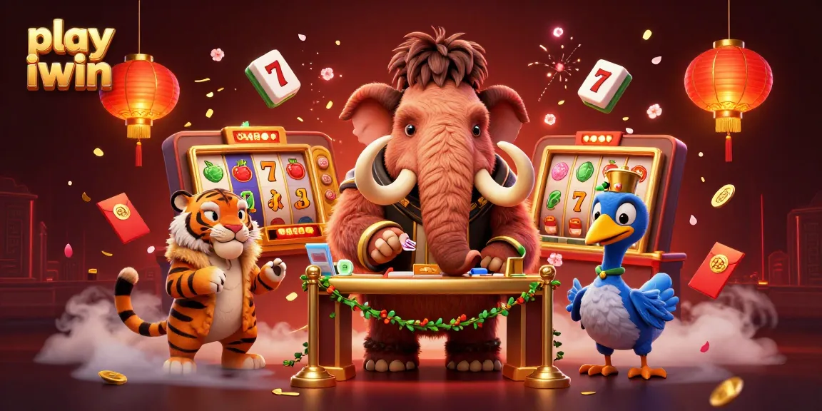 Engage and play iwin with a vibrant 3D casino scene featuring a woolly mammoth bouncer.
