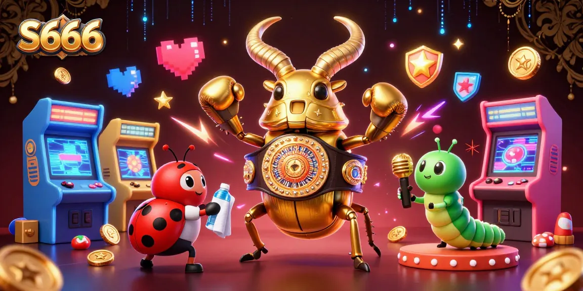 S666 online casino scene featuring a golden stag beetle, arcade machines, and glowing game elements in a vibrant 3D setting.