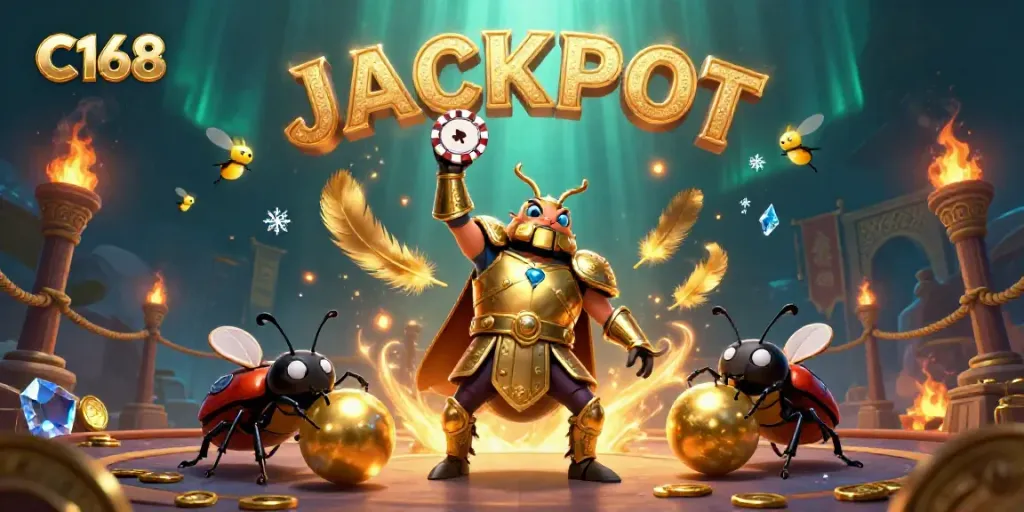 Engage with C168's thrilling casino atmosphere as a victorious beetle lifts a poker chip amid gold coins and excitement.