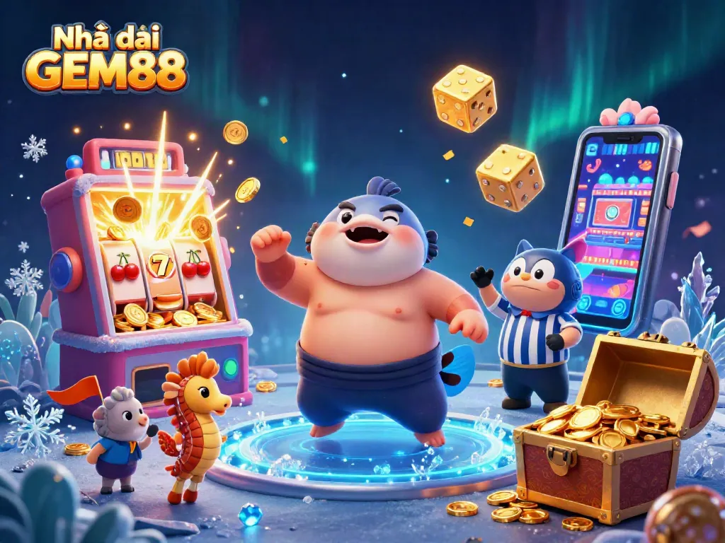 Engage with Nhà cái GEM88 in a vibrant casino scene featuring dynamic characters and exciting game elements.