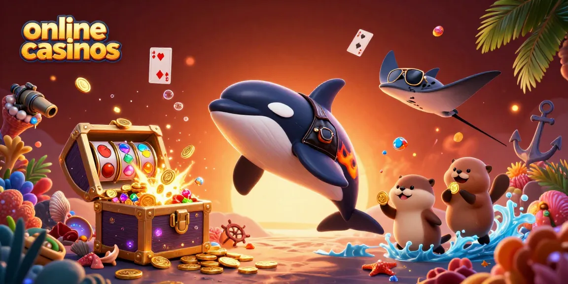 Engaging online casinos scene with orca, stingray, and sea otters amidst vibrant gaming elements.