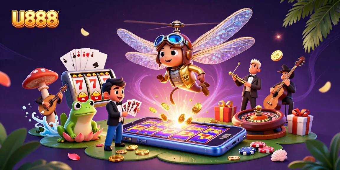 U888 dragonfly pilot leading the fun at a lily pad casino, with a frog croupier.