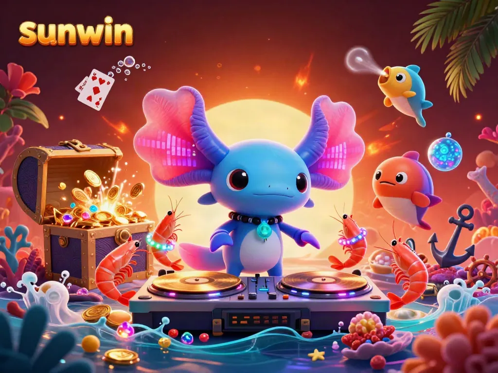 Sunwin Casino-style underwater scene with colorful DJ axolotl, shrimp dancers, and treasure elements.