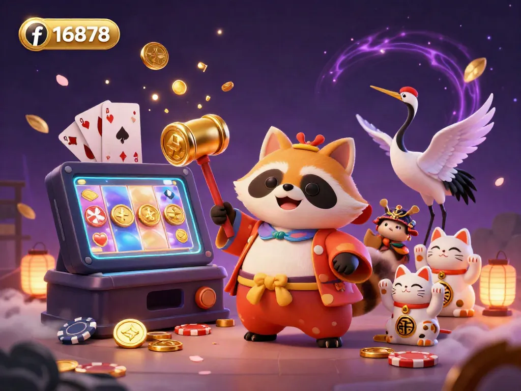 Spin lucky reels with f16878 in this vibrant 3D casino scene filled with festive characters.