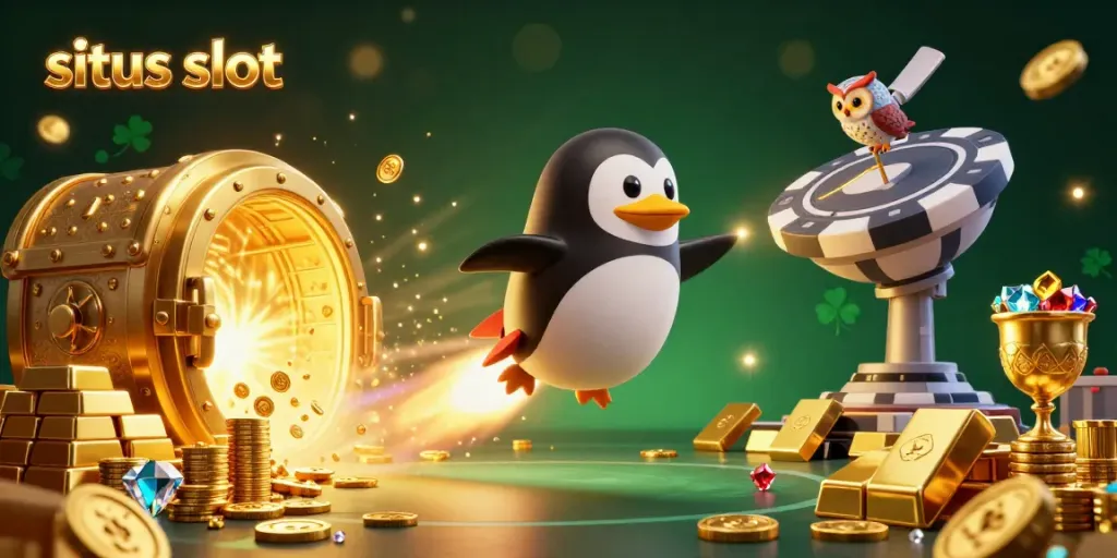 Experience thrilling adventures on situs slot with a penguin navigating through a golden treasure-filled galaxy.