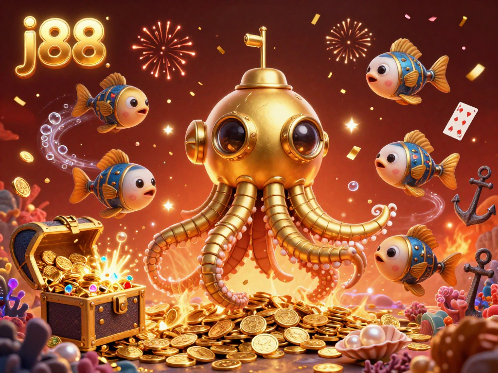 Embark on a winning adventure with j88's golden kraken submarine revealing treasures in a vibrant 3D casino scene.