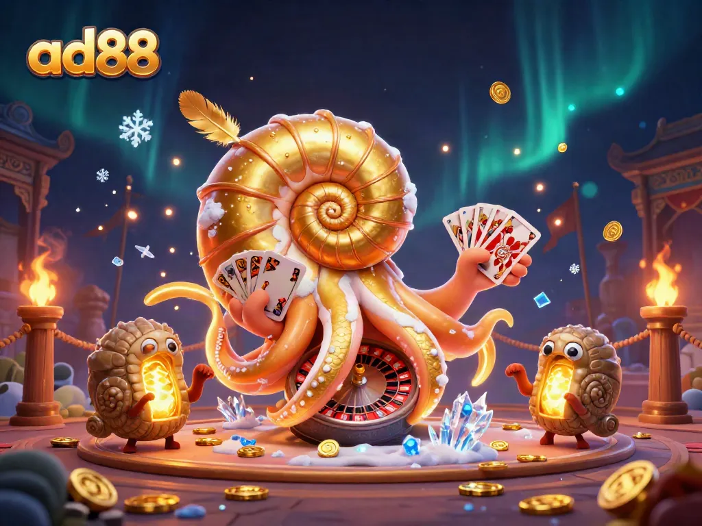 Experience exciting ad88 gaming action with a vibrant 3D illustration of a giant nautilus roulette wheel.