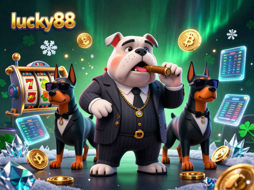 Engage in lucky88 fun with a mafia boss bulldog and two Doberman guards surrounded by exciting slot game elements.