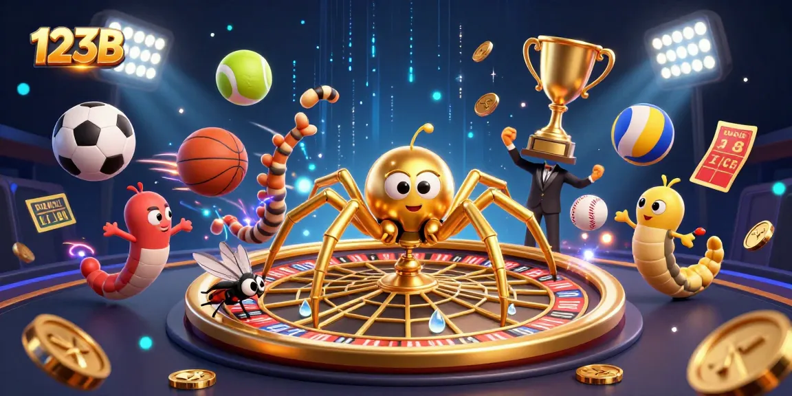 Experience exciting bets at 123B with a golden spider croupier in a dynamic casino scene.