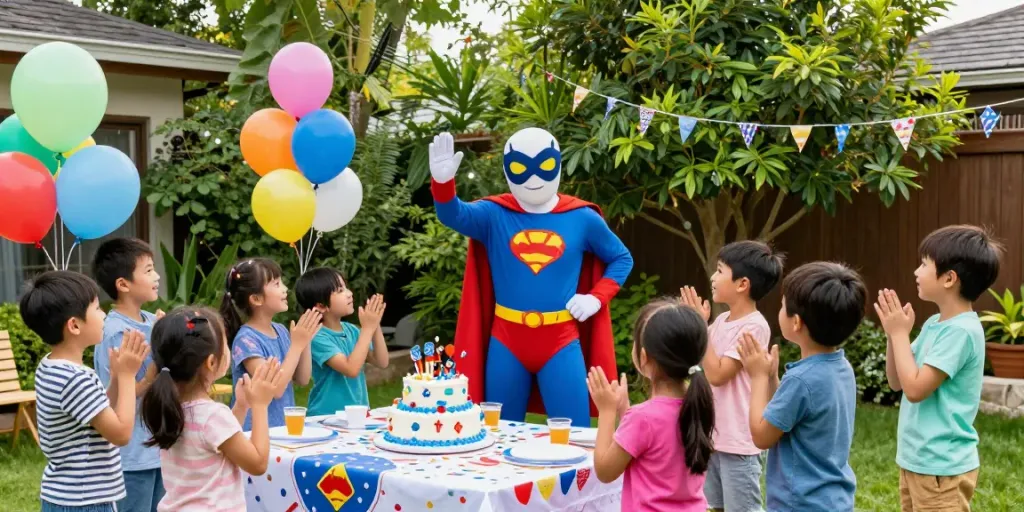 Interactive party characters bringing joy to kids' birthday celebrations.