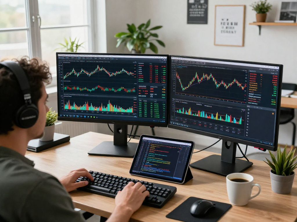 Trader analyzing financial data on metatrader 5 with dual monitors in a modern office setting.