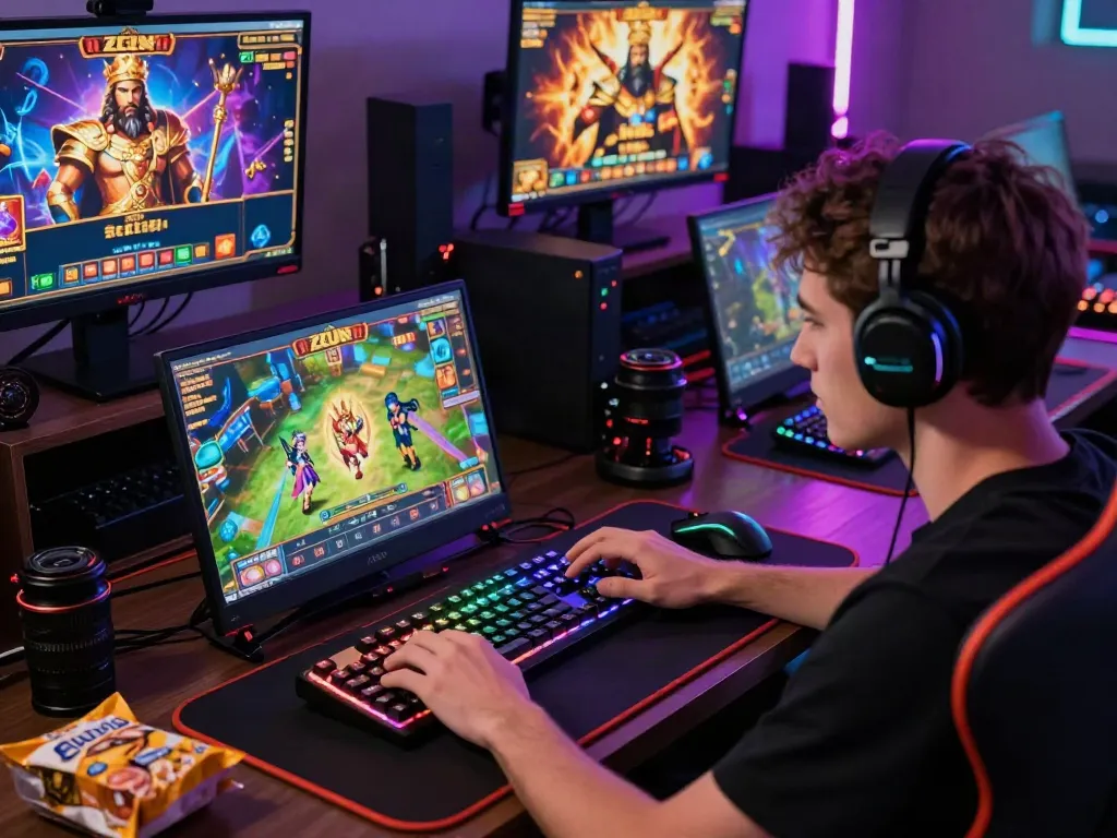Pengguna menikmati permainan slot zeus di laptop dengan aksesori gaming di sekitar, menciptakan suasana bermain yang menarik.