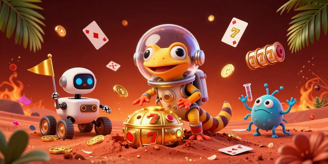 Engage with lolajack casino via a thrilling adventure featuring a gecko exploring a golden gaming site.