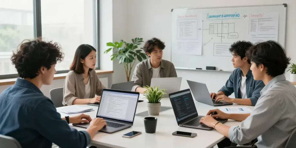 Team collaborating on an Enterprise AI project in a modern workspace filled with technology and innovation.