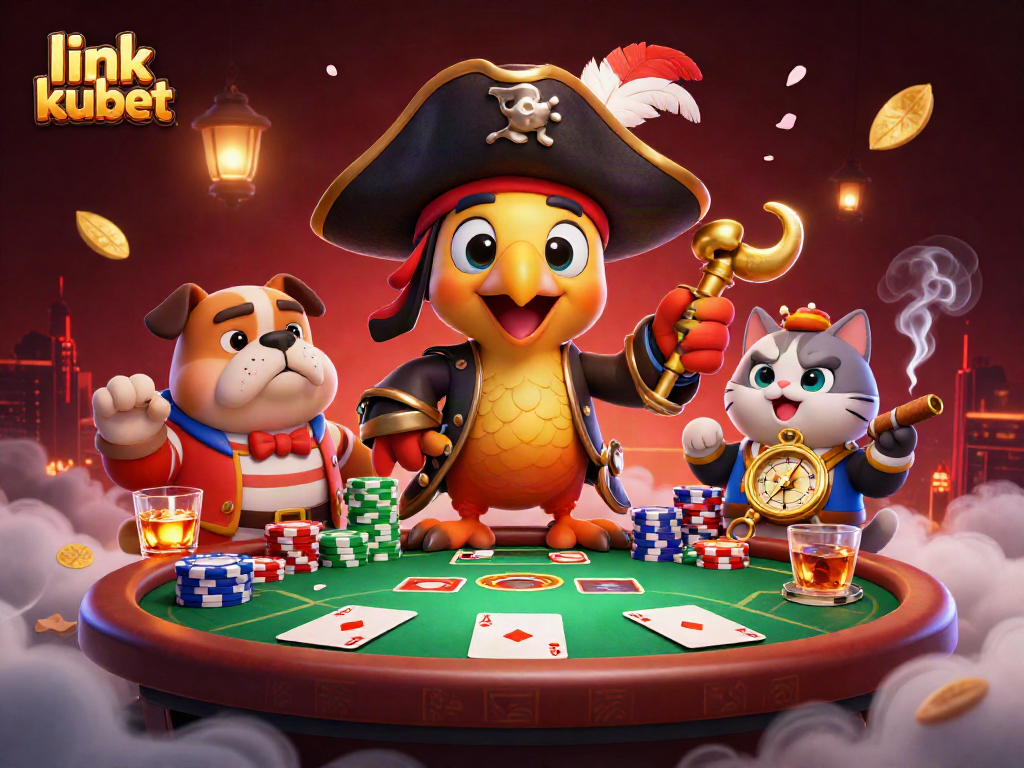 Engage with link kubet at a vibrant pirate-themed poker scene featuring unique characters and game elements.