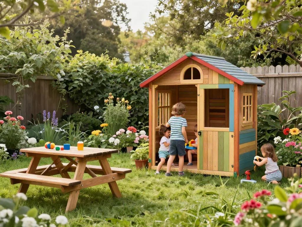 Children's wooden playhouses in a vibrant garden with kids playing happily.