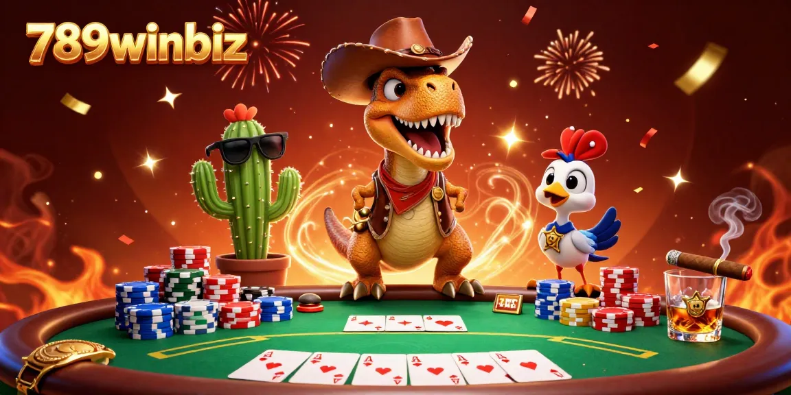 Engage in exciting poker gameplay at 789winbiz with a dinosaur, cactus, and roadrunner in a vibrant illustration.