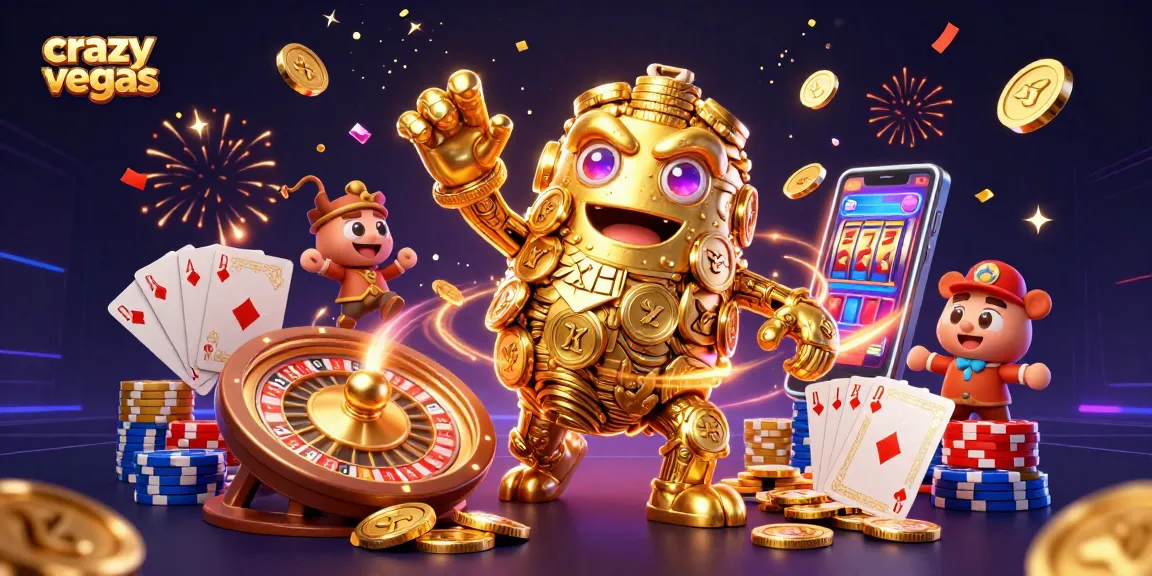 Play and win at CrazyVegas with a golden golem, vibrant casino elements, and stunning graphics.
