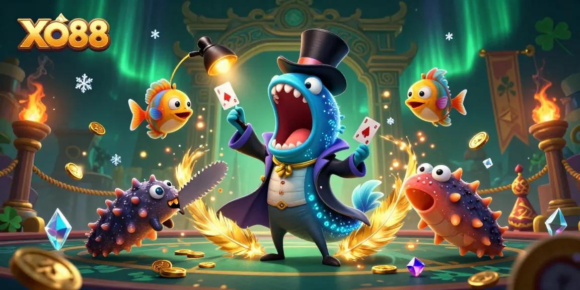 Experience thrilling card tricks with XO88's vibrant 3D illustration featuring casino elements.
