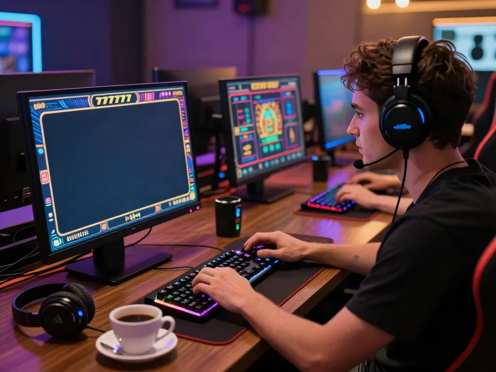 Gamer memainkan slot777 dengan perangkat modern dan penuh semangat