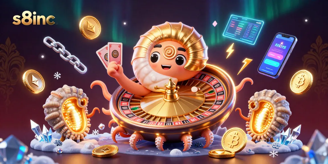 Engage in thrilling games at s8inc with a lively 3D casino scene showcasing vibrant crypto elements.