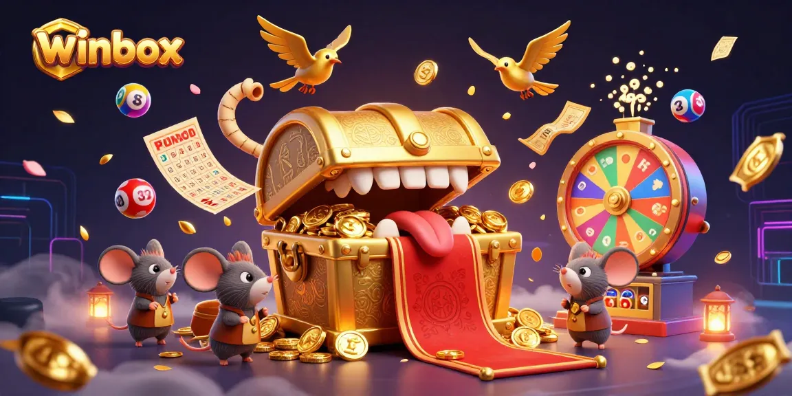 Winbox activity showcasing vibrant lottery elements with a treasure chest and adventurer mice drawn towards riches.