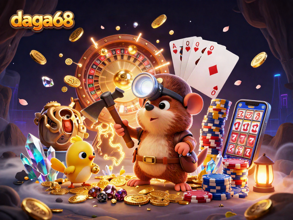 Engage in thrilling adventures with daga68, featuring a treasure hunter mole and sparkling gems in a vibrant casino setting.