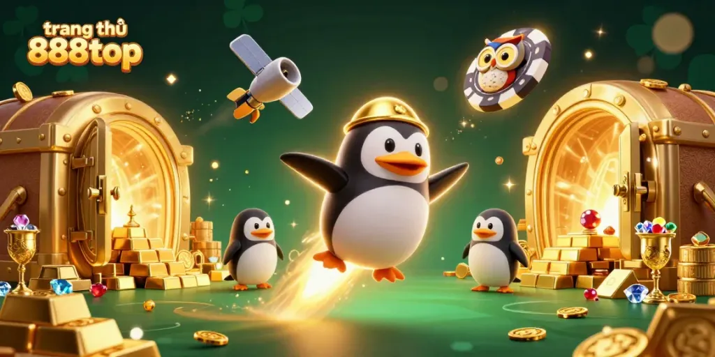 Experience the excitement of trang chủ 888top with this vibrant casino-themed illustration featuring a golden penguin and treasures.