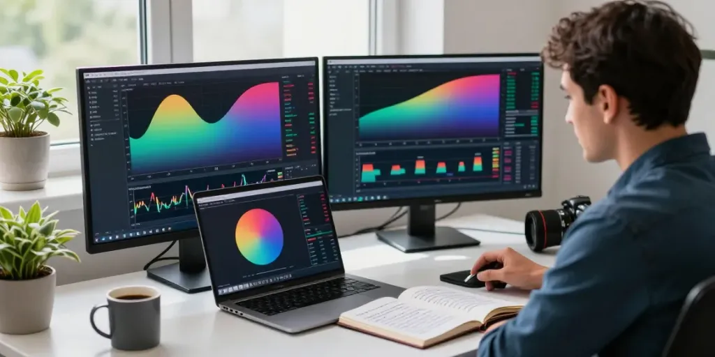 Trader using TradingView in a modern workspace with dual monitors and trading strategies.