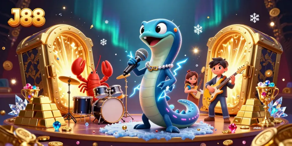Experience thrilling J88 underwater casino entertainment featuring vibrant characters and gold treasures.