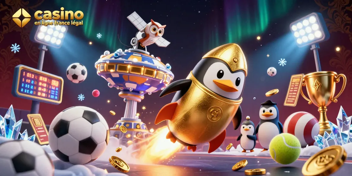 Illustration dynamique de casino montrant un pingouin doré et des éléments sportifs, représentant le casino en ligne France légal.