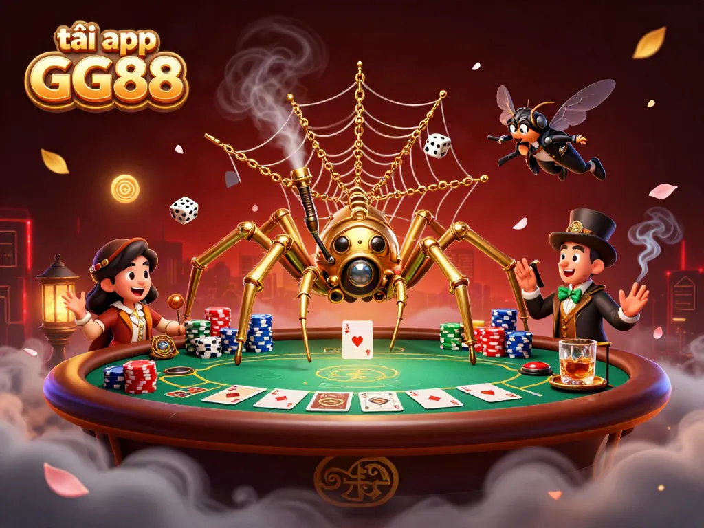 Engage in thrilling gameplay as you tải app GG88 with a colorful casino scene featuring poker elements and a whimsical spider.