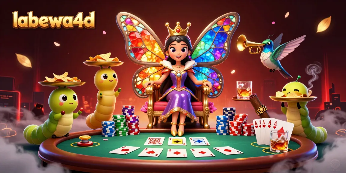 labewa4d menampilkan ilustrasi ratu kupu-kupu 3D dalam permainan poker dengan elemen kasino yang kaya