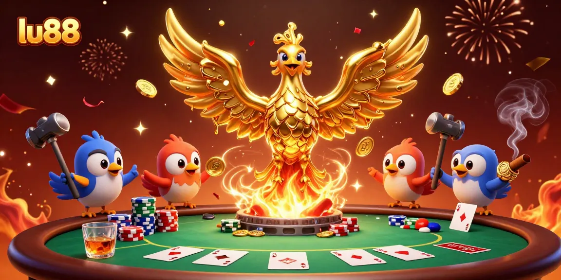 Experience thrilling poker action with lu88's golden phoenix and vibrant casino elements.