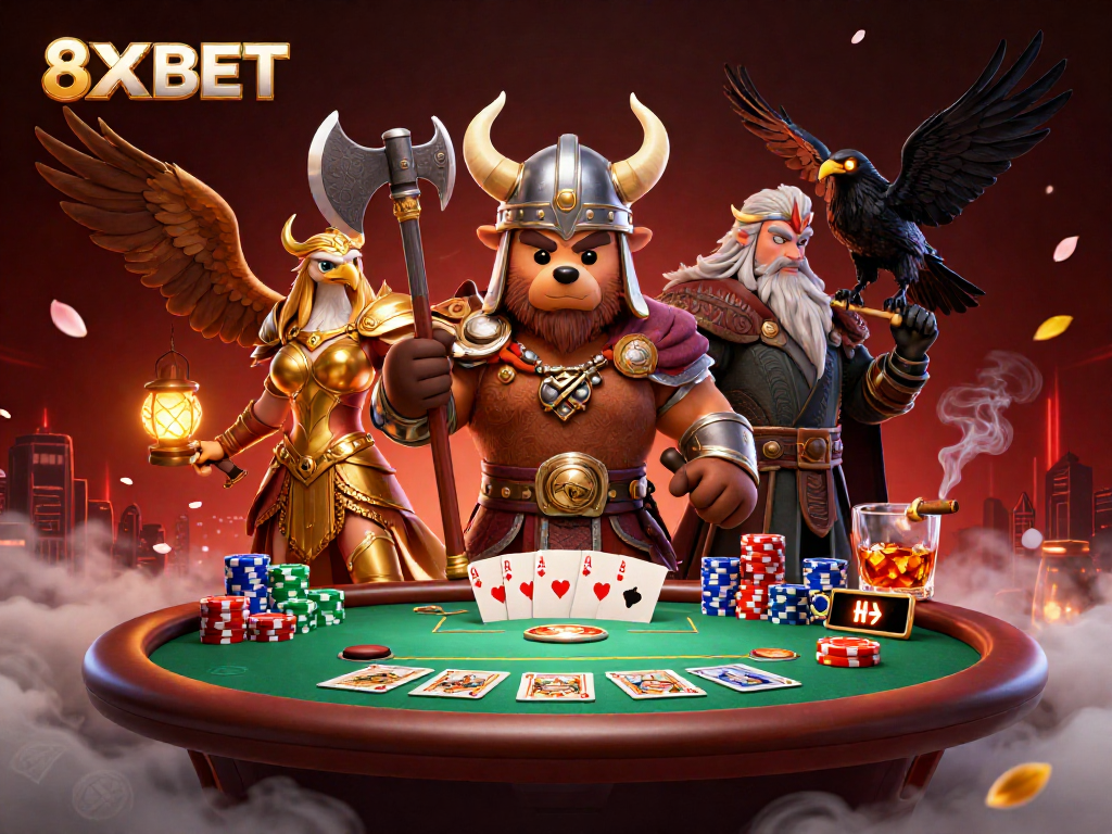 Experience thrilling gameplay at 8XBET with vibrant poker elements, Viking characters, and a dynamic casino atmosphere.
