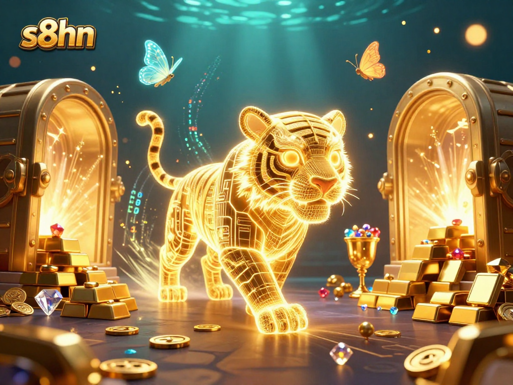 S8HN illuminates the casino adventure as a neon tiger captivates players amidst treasure.