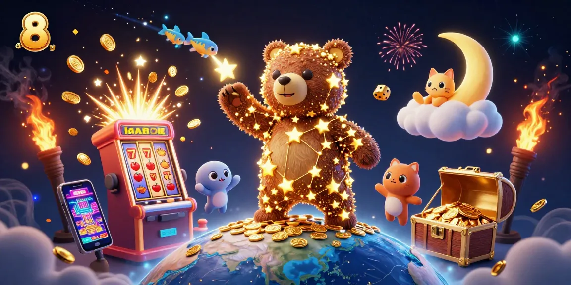 Scoop up coins with 8 day, featuring a constellation bear and slot machine bursts in a vibrant casino scene.