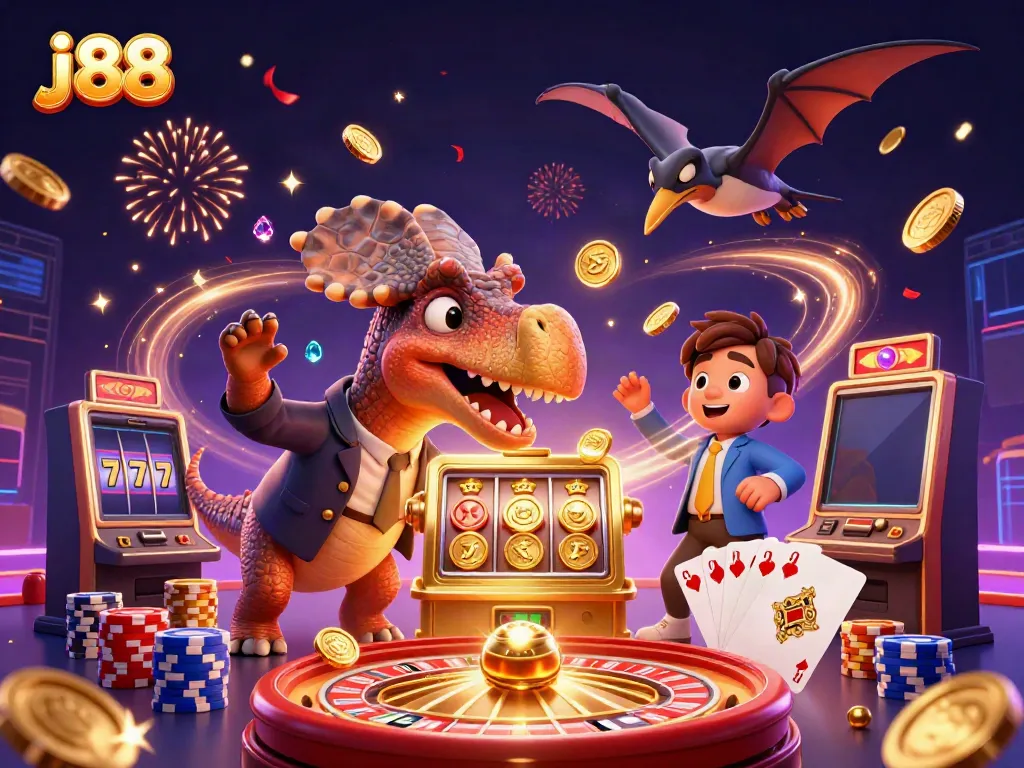 Exciting j88 jackpot moment with vibrant characters creating a winning casino scene.