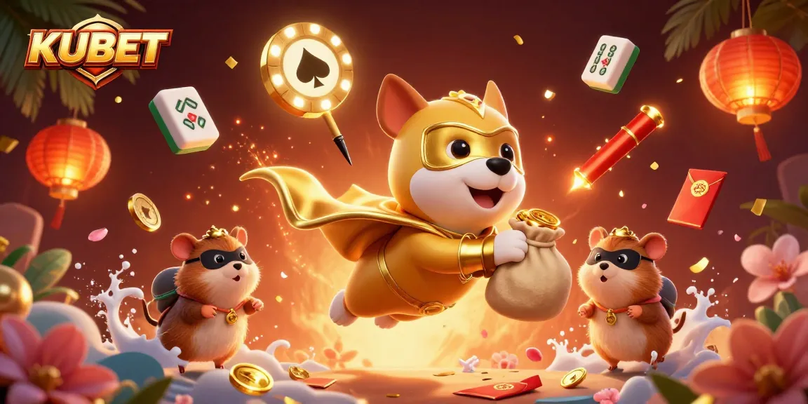 KUBET's animated superhero dog and hamster promote high-stakes gambling with rich gaming elements.