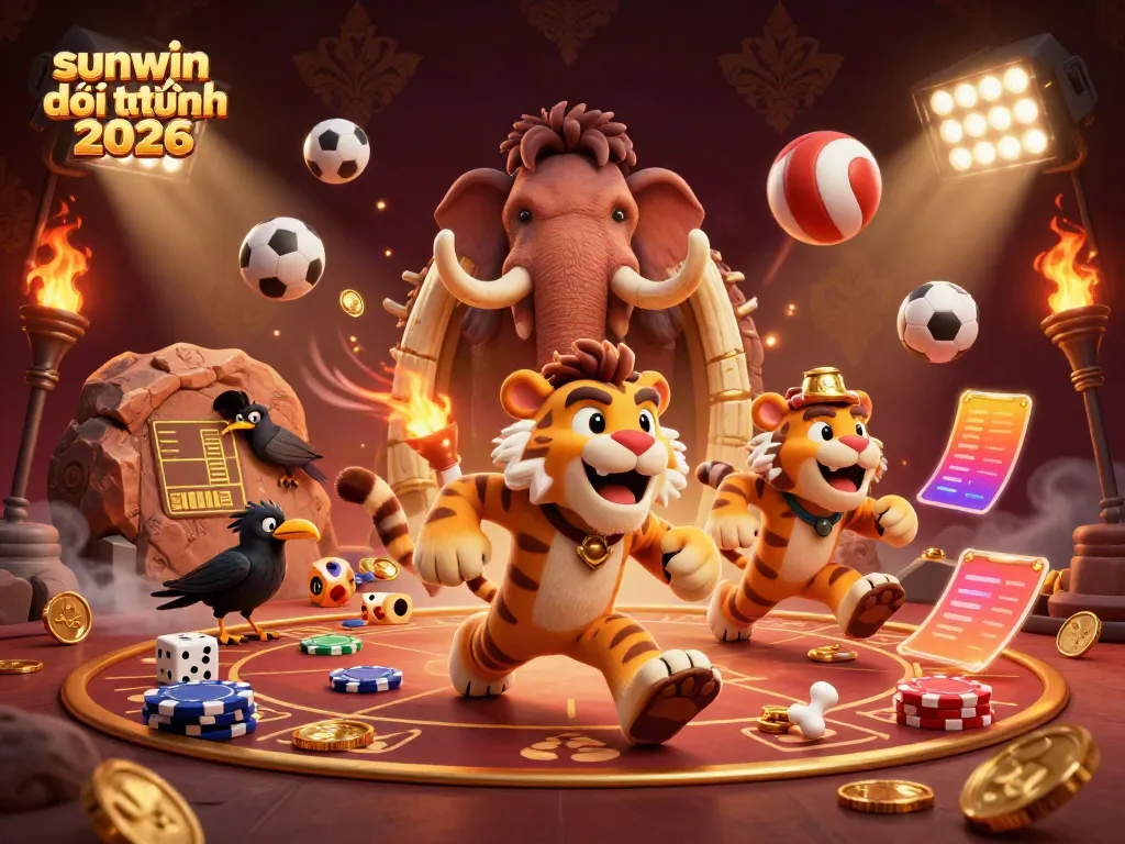 Experience the excitement of sunwin đổi thưởng 2026 with a dynamic prehistoric casino scene featuring cartoon characters and sports elements.