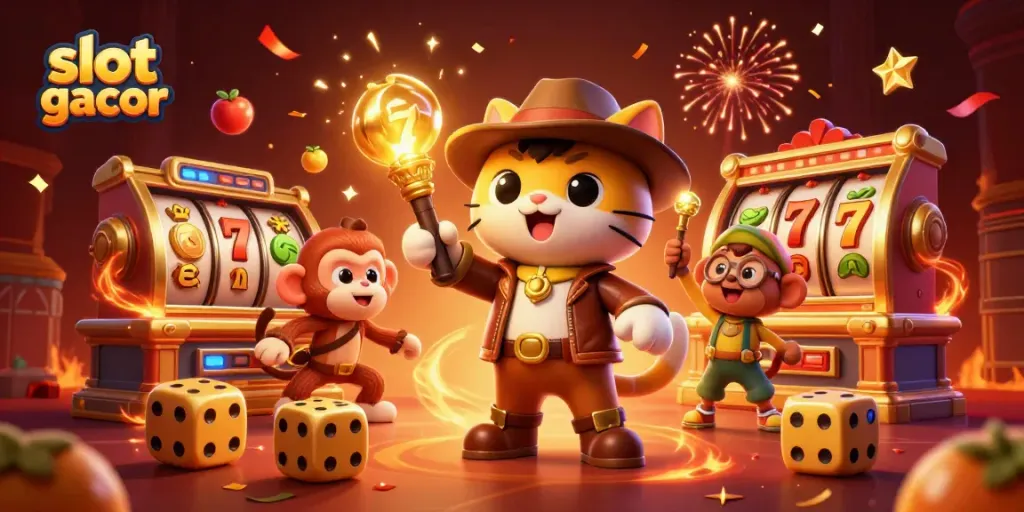 Experience thrilling slot gacor adventures with an explorer and his monkey companion uncovering casino treasures.